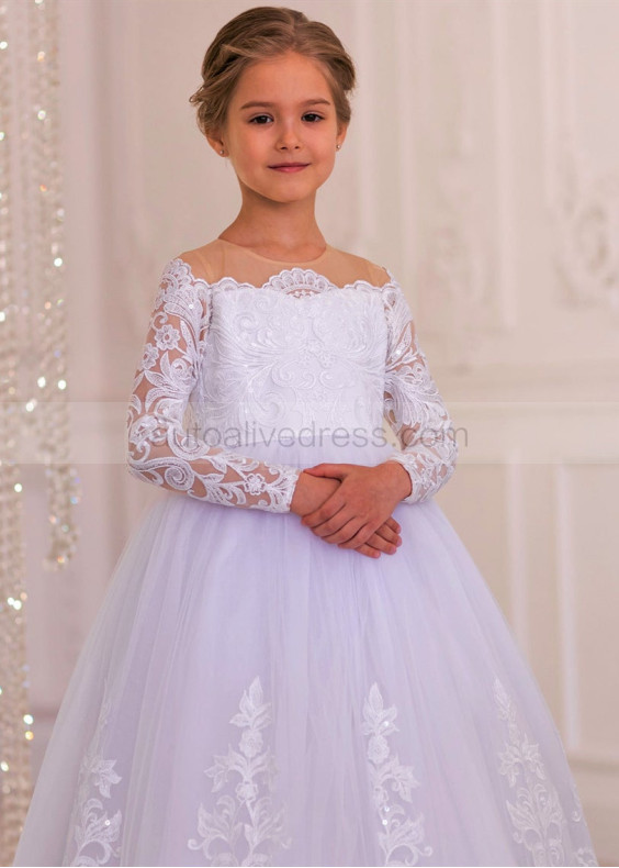 Long Sleeve White Sequined Lace Tulle Flower Girl Dress
